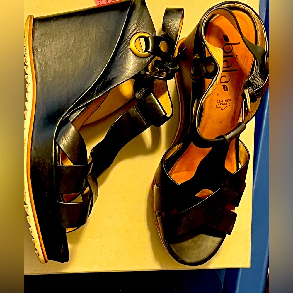 Biala Black leather wedges. Sz 38. With original box.